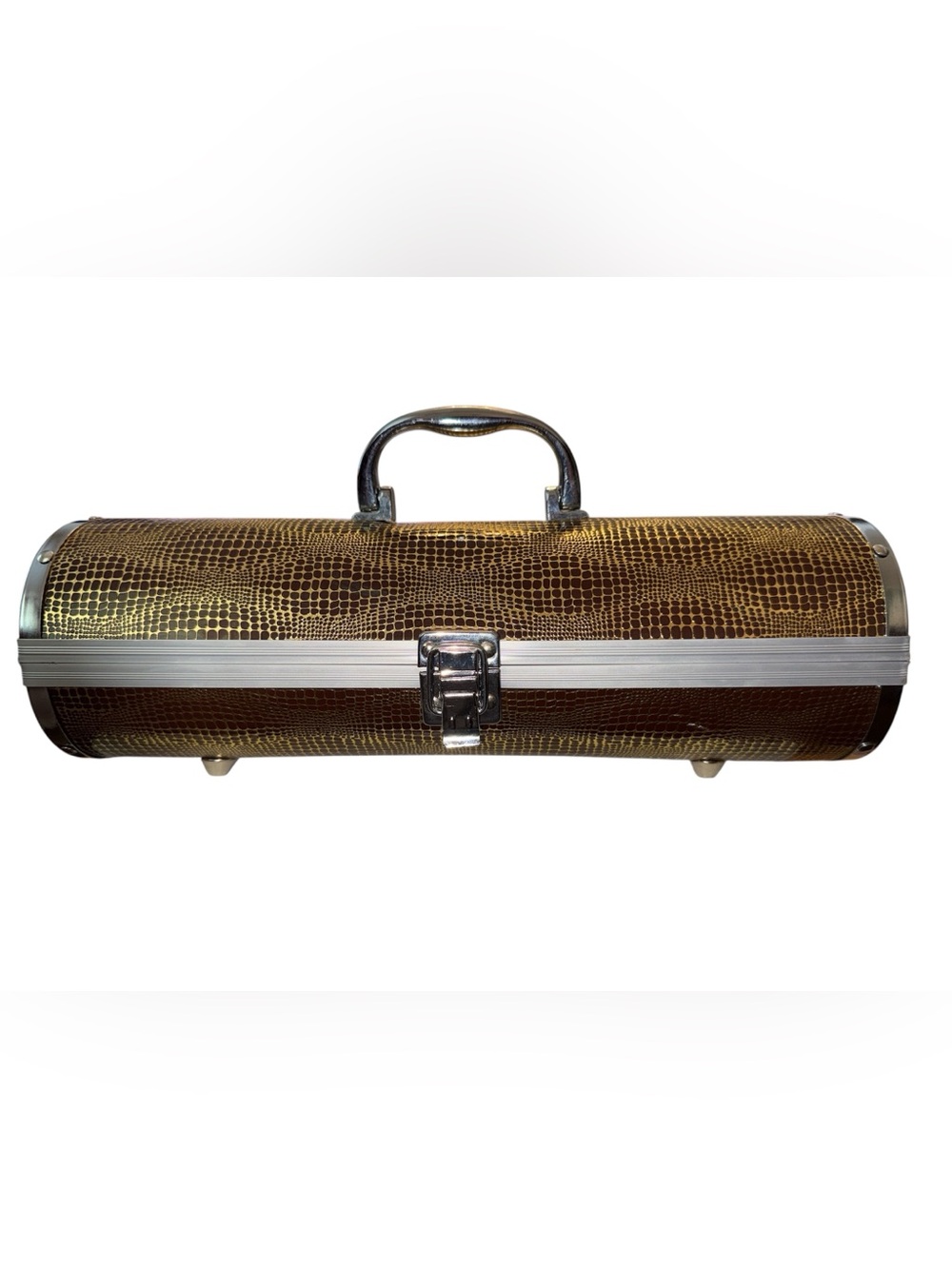 Gala Croc Wine Purse Insulated Lined Cylindrical Case Brown Gold Silver